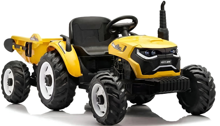 12V electric ride-on tractor for kids with detachable trailer and remote control, available in Red, Green, Yellow, and Blue - Model BBL-MB0068 A.